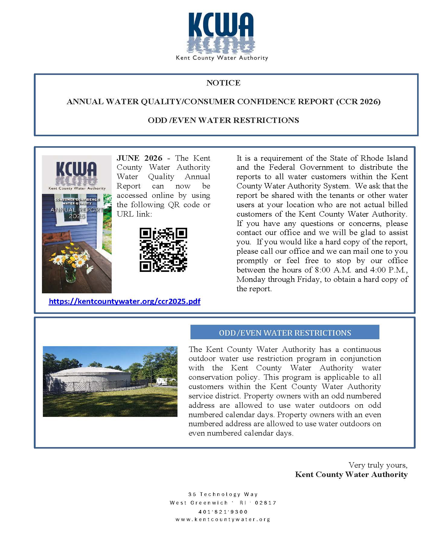 KCWA CCR 2026 Odd/Even Water Restrictions Notice